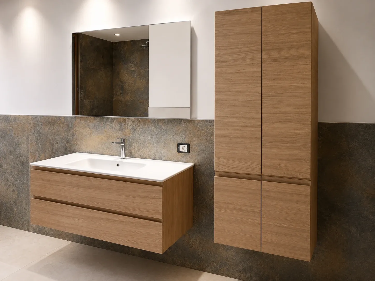 Mobile bagno in legno con colonna coordinata e specchiera